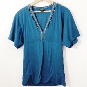 Anthropologie Deletta Teal Embroidered Short Flutter Sleeve Tee Shirt